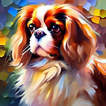 Cavalier King Charles Spaniel with expressive eyes in a colorful background.