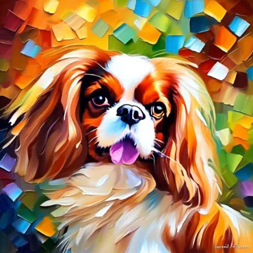 Colorful painting of a Cavalier King Charles Spaniel with a playful expression.