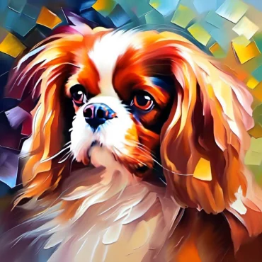 Colorful painting of a Cavalier King Charles Spaniel with expressive eyes.