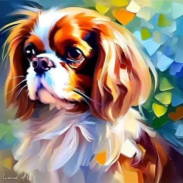 Colorful portrait of a Cavalier King Charles Spaniel with a vibrant background.