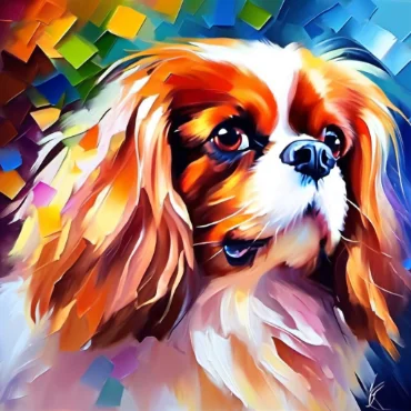 Vibrant painting of a Cavalier King Charles Spaniel with colorful background.