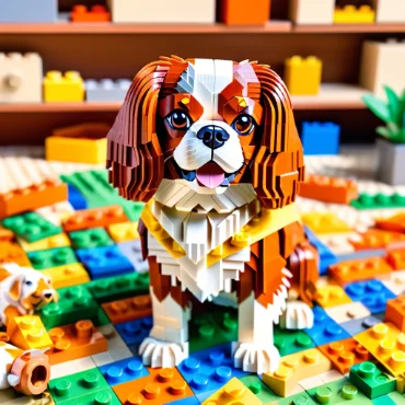 A LEGO dog resembling a Cavalier King Charles Spaniel, surrounded by colorful building bricks.