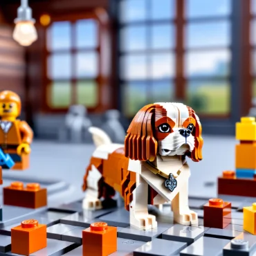 LEGO Cavalier King Charles Spaniel among LEGO figures in a playful scene.