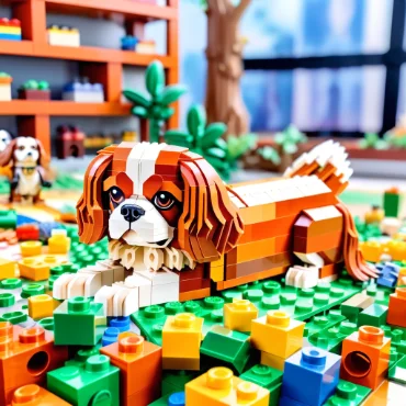 LEGO Cavalier King Charles Spaniel figure among colorful blocks in a playful setting.