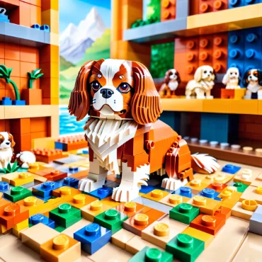 LEGO dog model resembling a Cavalier King Charles Spaniel in a colorful scene.