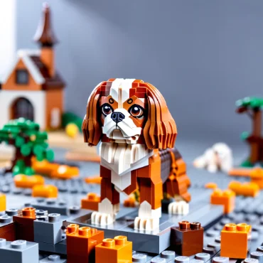 LEGO model of a Cavalier King Charles Spaniel in a colorful landscape.