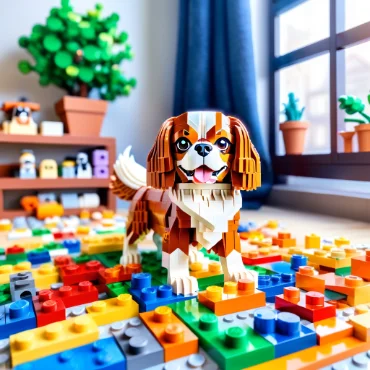 Lego model of a Cavalier King Charles Spaniel in a colorful playroom.