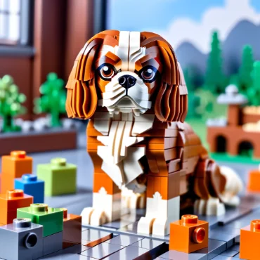 LEGO model of a Cavalier King Charles Spaniel in a colorful setup.