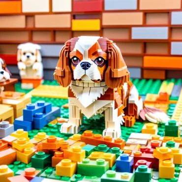 Lego model of a Cavalier King Charles Spaniel surrounded by colorful building blocks.