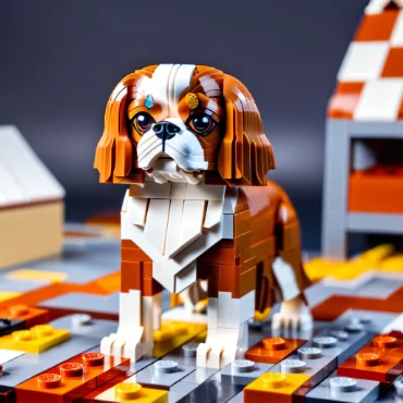 Lego model of a Cavalier King Charles Spaniel surrounded by colorful building bricks.