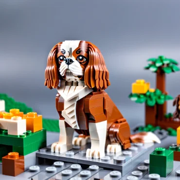 LEGO model of a Cavalier King Charles Spaniel surrounded by trees and flowers.