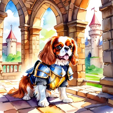 Cavalier King Charles Spaniel dressed as a knight in a castle setting.