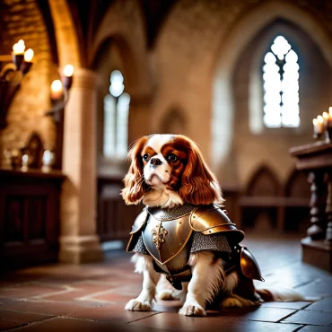 Cavalier King Charles Spaniel dressed in armor, standing proudly in a castle.