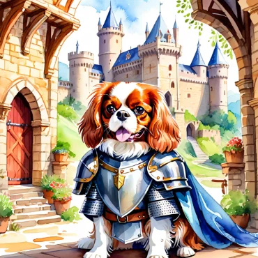 Cavalier King Charles Spaniel in armor and cape, set against a picturesque castle backdrop.