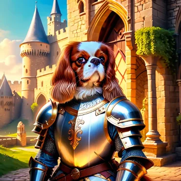 Cavalier King Charles Spaniel in armor, posed in front of a castle.