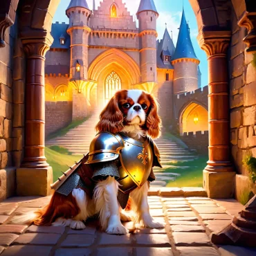 Cavalier King Charles Spaniel in armor, posed in front of a medieval castle.