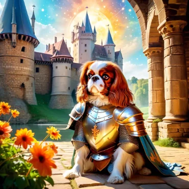 Cavalier King Charles Spaniel in armor, sitting near a castle with flowers.