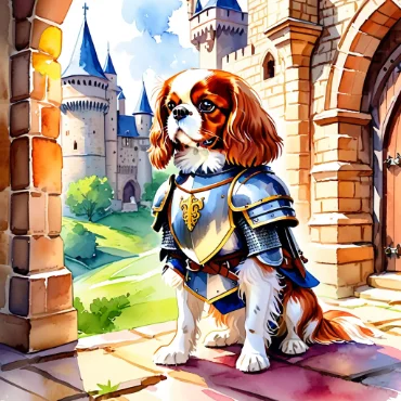 Cavalier King Charles Spaniel in armor standing by a castle.