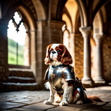 Cavalier King Charles Spaniel in armor, standing proudly in a medieval setting.