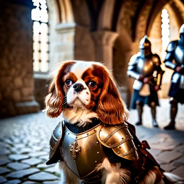 Cavalier King Charles Spaniel in medieval armor, posed like a knight.