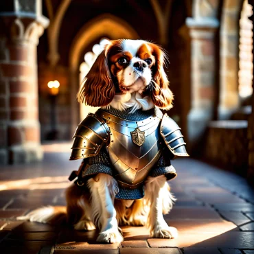 Cavalier King Charles Spaniel wearing knight armor, posed heroically in a castle corridor.