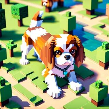 A blocky, cartoon-style Cavalier King Charles Spaniel in a vibrant, pixelated landscape.