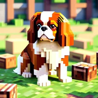 A pixelated Cavalier King Charles Spaniel sitting among blocks in a colorful landscape.