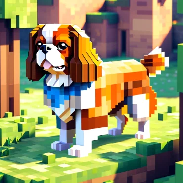 A pixelated dog resembling a Cavalier King Charles Spaniel in a vibrant blocky style.