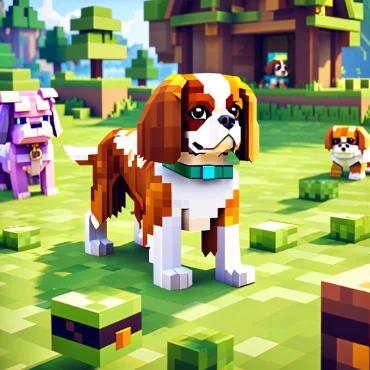 Blocky Cavalier King Charles Spaniel in a pixelated landscape with other dogs.