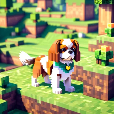 Pixel art of a Cavalier King Charles Spaniel in a blocky landscape.