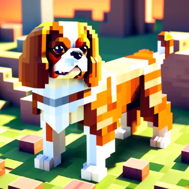 Pixel art of a Cavalier King Charles Spaniel in a vibrant landscape.