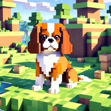 Pixel art of a Cavalier King Charles Spaniel sitting in a colorful blocky landscape.