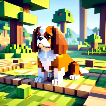 Pixel art of a Cavalier King Charles Spaniel sitting in a lush forest.