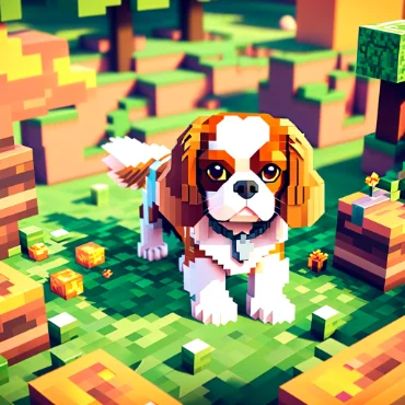 Pixelated dog in a colorful outdoor setting, resembling a Cavalier King Charles Spaniel.