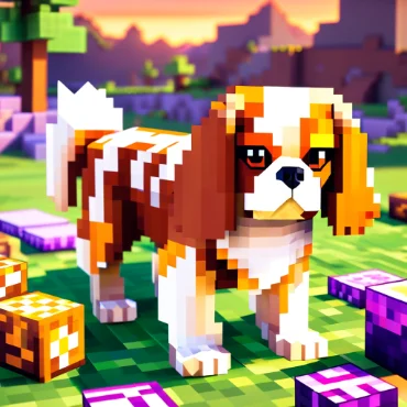 Pixelated dog resembling a Cavalier King Charles Spaniel in a colorful blocky landscape.