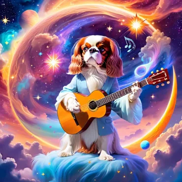 A Cavalier King Charles Spaniel playing a guitar in a cosmic scene with swirling colors.