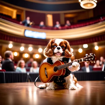 Cavalier King Charles Spaniel playing a guitar in a theater, surrounded by an audience.