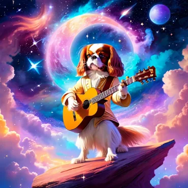 Cavalier King Charles Spaniel playing guitar in a cosmic, colorful background.