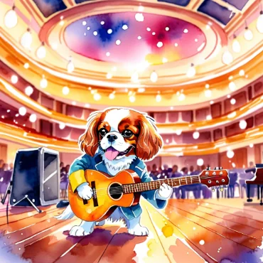 Cavalier King Charles Spaniel playing guitar on stage in a concert hall.