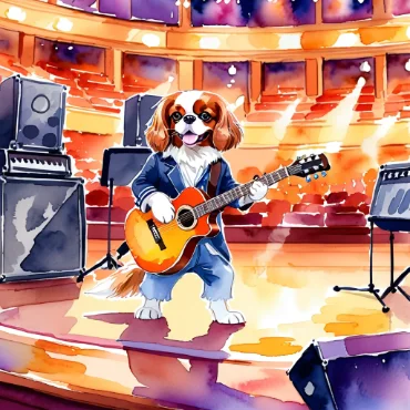 Cavalier King Charles Spaniel playing guitar on stage in a concert setting.