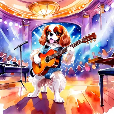 Cavalier King Charles Spaniel playing guitar on stage with a colorful background.