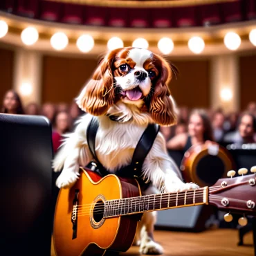 Cavalier King Charles Spaniel playing guitar on stage with an audience.