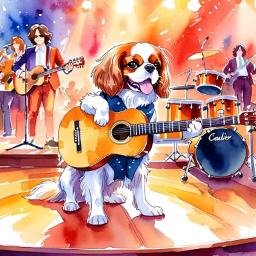 Cavalier King Charles Spaniel playing guitar on stage with musicians.