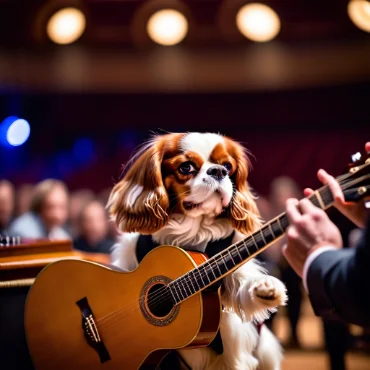 Cavalier King Charles Spaniel with a guitar, sitting on stage during a performance.