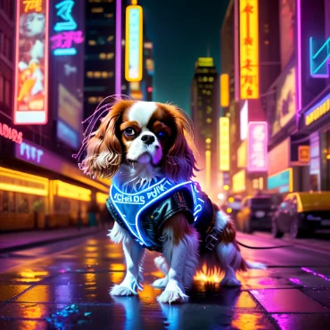 Cavalier King Charles Spaniel in a blue harness, standing in a neon-lit city street.