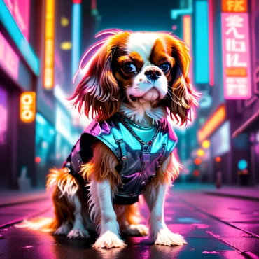 Cavalier King Charles Spaniel in a city at night, wearing a stylish harness.