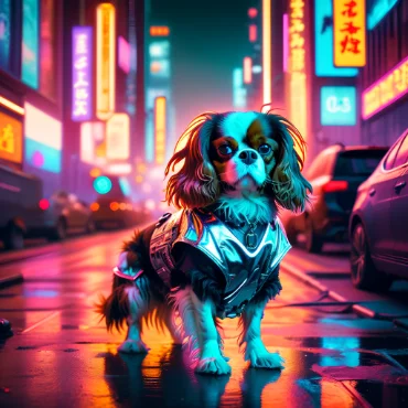 Cavalier King Charles Spaniel in a futuristic city, wearing a reflective vest.