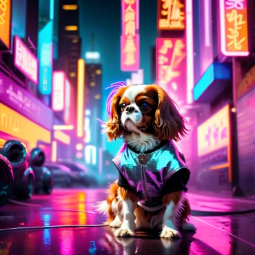 Cavalier King Charles Spaniel in a futuristic city, wearing a stylish outfit amidst neon lights.