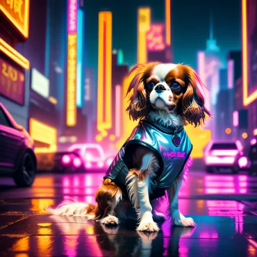 Cavalier King Charles Spaniel in a neon city, wearing a vest and looking poised.