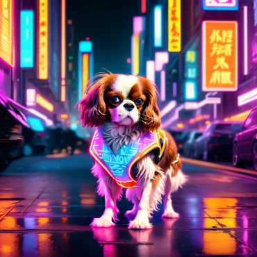 Cavalier King Charles Spaniel in a neon-lit city street wearing a stylish outfit.